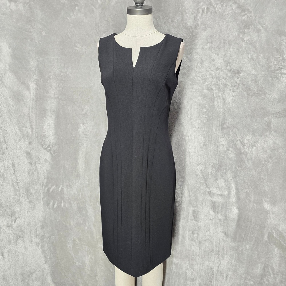 Calvin Klein Sheath Dress Women M Black Sleeveless Structured VNeck Pleated Goth